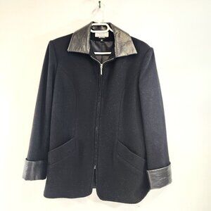 Beechers Brook Wool Zip Up Blazer Faux Leather Collar Sleeves - Size 6